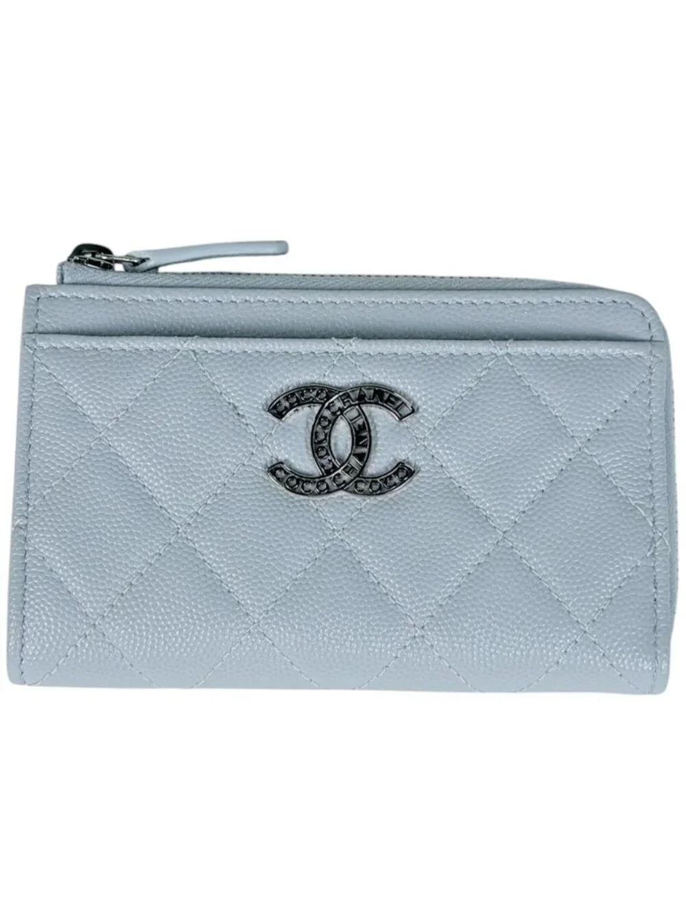 Chanel Card Case CC Logo Quilted Coin Purse Caviar Leather Light Blue